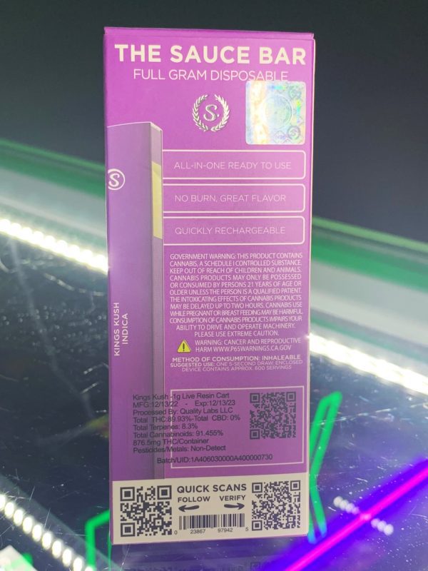 Saucei Kings Kush Disposable Vape Indica 1G HOTBOX
